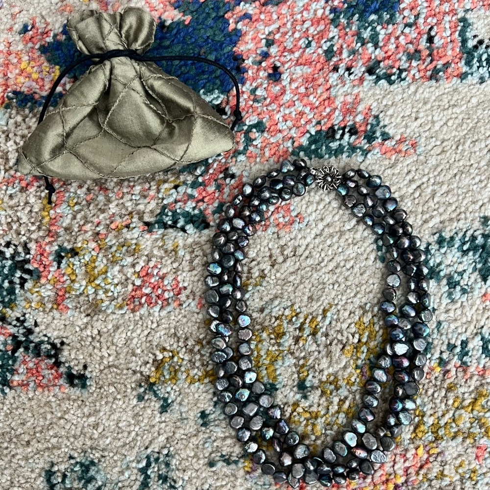 Vintage pearl triple strand necklace, purple iridescent freshwater